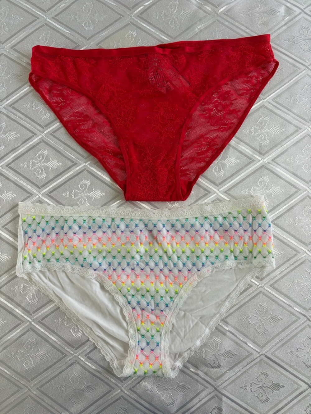 Victoria's Secret Red Lace Bikini & White Rainbow Mesh Hipster